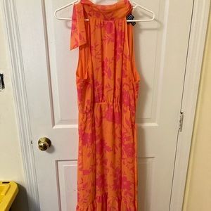 EUC Scoop Halter Dress pink and orange with sash tie XL (16-18)
